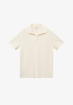 Short-sleeve polo shirt in off-white, featuring a textured fabric, flat collar, and a three-button placket. Soft, breathable material.