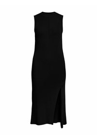 Robe noire sans manches en tissu côtelé avec un col rond, dotée d'une fente latérale et d'une silhouette ajustée, confectionnée dans un tissu doux et extensible.