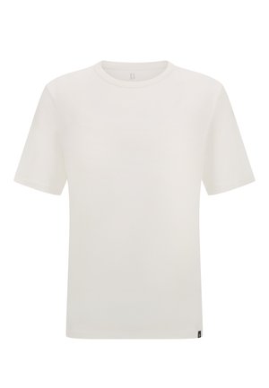 White cotton t-shirt with short sleeves, round neckline, relaxed fit, and a small branded tag on the lower left side.