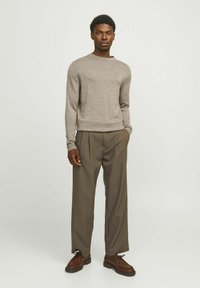 Maglione grigio chiaro a maglia con scollatura rotonda, abbinato a pantaloni grigi scuri plissettati e scarpe stringate marroni, in piedi davanti a uno sfondo neutro.
