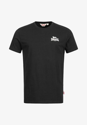 Schwarz Baumwoll-T-Shirt mit kurzen Ärmeln, Rundhalsausschnitt und weißen Logosegmenten auf der linken Brust. Leichter Akzent an der unteren Seite.