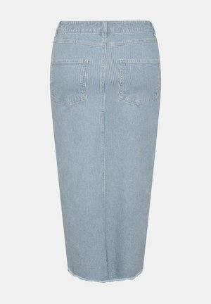 Denim midi suknja s okomitim plavim i bijelim prugama, ravnog kroja, izfrgehnutim rubom i dva stražnja džepa. Mekana tekstura s elastičnom stražnjom trakom.