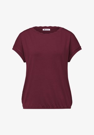 Blouse bordeaux à manches courtes avec encolure ronde festonnée, coupe décontractée, ourlet élastique et étiquette de marque « Street One » à l’intérieur du col.