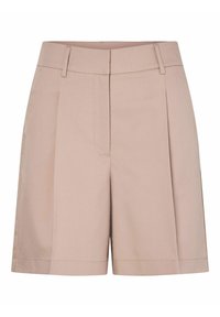 Shorts beiges ajustés avec une taille haute, un devant plissé et des poches latérales. Fabriqués en tissu lisse avec des coutures soignées et une coupe décontractée.