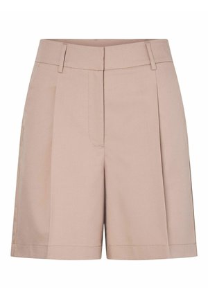 Beżowe, dopasowane szorty o wysokim stanie, z plisowanym przodem i kieszeniami po bokach. Wykonane z gładkiego materiału z czystymi szwami i luźnym krojem.