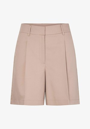 Beżowe, dopasowane szorty o wysokim stanie, z plisowanym przodem i kieszeniami po bokach. Wykonane z gładkiego materiału z czystymi szwami i luźnym krojem.
