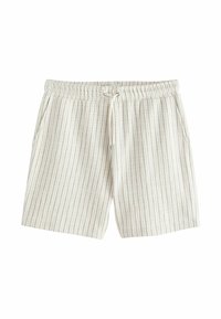 Beige shorts met een verticale streeppatroon in lichtbruin. Voorzien van een elastische tailleband met trekkoord en zijzakken.
