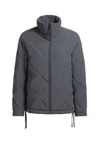 Gray padded jacket with a high collar, diagonal quilted pattern, front zipper, and drawstrings at the hem for adjustable fit.