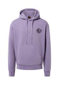 Paars hoodie van zacht materiaal, met een kangoeroezak, een capuchon met trekkoord en een ronde grafische logo op de linkerkant van de borst.