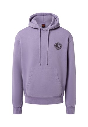 Paars hoodie van zacht materiaal, met een kangoeroezak, een capuchon met trekkoord en een ronde grafische logo op de linkerkant van de borst.