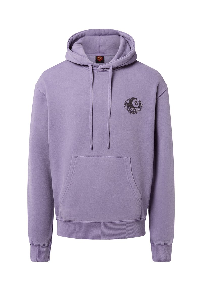 Paars hoodie van zacht materiaal, met een kangoeroezak, een capuchon met trekkoord en een ronde grafische logo op de linkerkant van de borst.