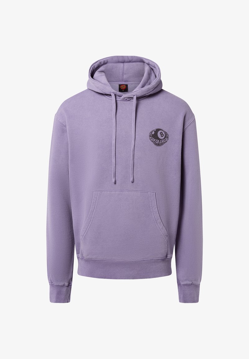 Paars hoodie van zacht materiaal, met een kangoeroezak, een capuchon met trekkoord en een ronde grafische logo op de linkerkant van de borst.