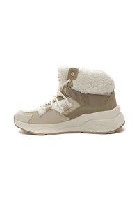 Beige high-top sneaker with a textured fur collar, leather accents, and a cushioned sole. Features lace closure and side detailing.