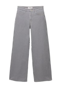 Pantalon taille haute à jambes larges avec fines rayures verticales noires et blanches, poches avant, fermeture par bouton et fermeture éclair.