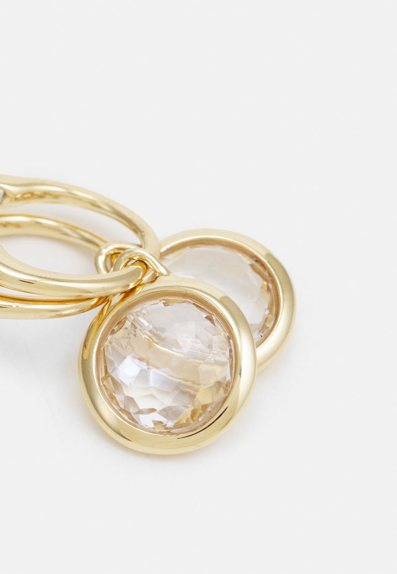 Boucles d'oreilles dorées mettant en avant deux cristaux clairs facettés circulaires enchâssés dans une bague lisse, présentant une finition polie et une texture transparente.