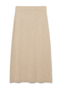 Falda midi de punto beige con una silueta recta y cinturilla, exhibida plana sobre un fondo blanco.