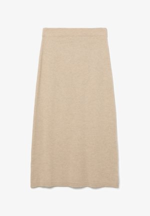 Jupe midi tricotée beige avec une silhouette droite et une taille, présentée à plat sur un fond blanc.