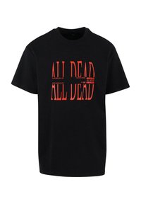 Sort T-shirt med korte ærmer, der har dristig rød tekst, der står "ALL DEAD." Materialet ser blødt ud, med en standard crew neck-designet.