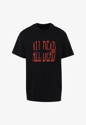 Črna majica s kratkimi rokavi, ki ima krepko rdeče besedilo "VSE MRTVO." Material se zdi mehak, s standardnim krožnim izrezom.