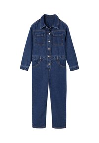 Denim jumpsuit in dark blue, featuring a collar, button closure, two chest pockets, and a fitted waist with subtle stitching details.