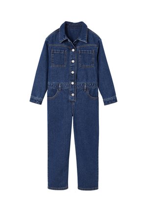 Denim jumpsuit in dark blue, featuring a collar, button closure, two chest pockets, and a fitted waist with subtle stitching details.