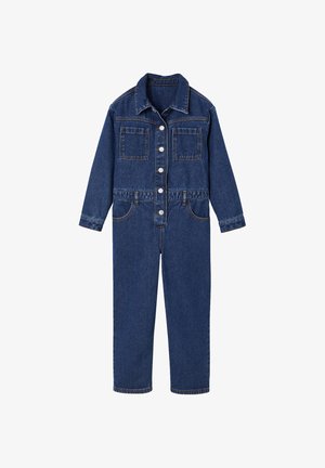 Denim jumpsuit in dark blue, featuring a collar, button closure, two chest pockets, and a fitted waist with subtle stitching details.