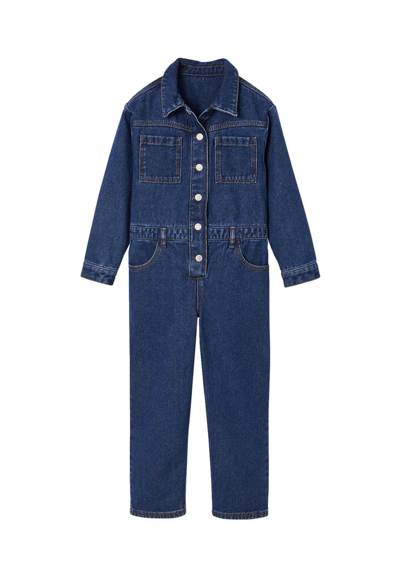Denim jumpsuit in dark blue, featuring a collar, button closure, two chest pockets, and a fitted waist with subtle stitching details.
