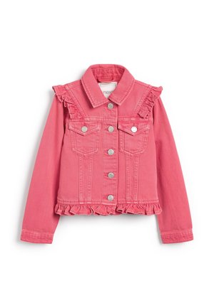 Giacca di denim rosa con dettagli arricciati su spalle e orlo, chiusura frontale con bottoni e tasche con pattina sul petto.