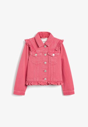 Różowa kurtka jeansowa z falbankami na ramionach i na dole, zapinana z przodu na guziki, z kieszeniami na piersi z klapą.