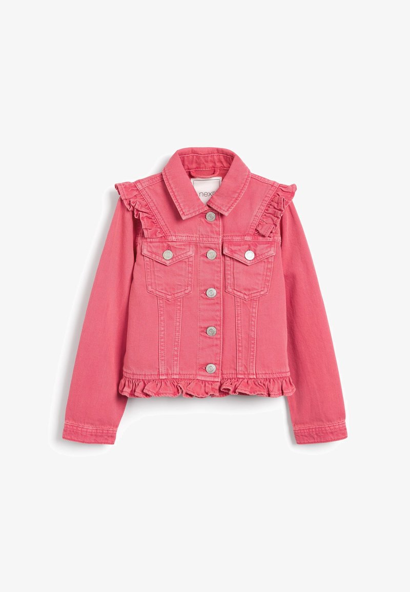 Veste en denim rose avec volants aux épaules et à l'ourlet, fermeture boutonnée devant et poches poitrine à rabat.