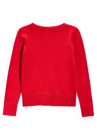 Czerwony sweter z dzianiny, z długimi rękawami, szerokim okrągłym dekoltem i ściągaczem na dole. Gładka faktura, prosty wzór bez dodatkowych ozdób czy wzorów.