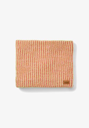 Veelkleurige gestreepte gebreide accessoire met rode, oranje en gele tinten. Inclusief een klein Timberland-logo label. Zachte textuur.