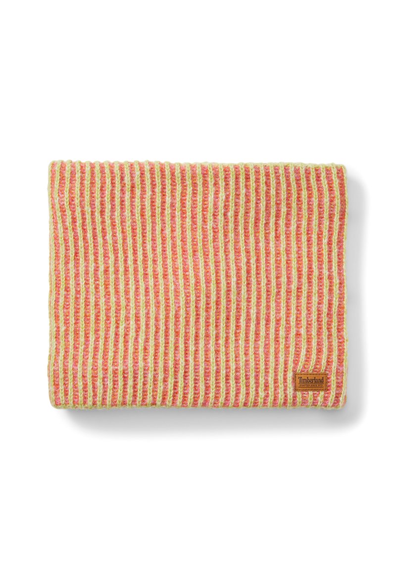 Accessoire en tricot rayé multicolore aux nuances de rouge, orange et jaune. Comprend une petite étiquette logo Timberland. Texture douce.