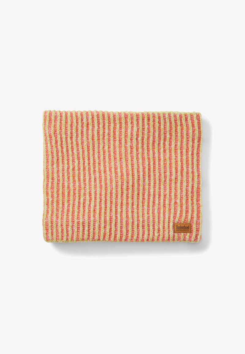 Accessorio in maglia a strisce multicolori con toni di rosso, arancio e giallo. Include un'etichetta con il logo di Timberland. Texture morbida.