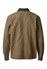 Veste marron à manches longues avec un col en velours côtelé, des poignets à boutons et une couture verticale centrale dans le dos.