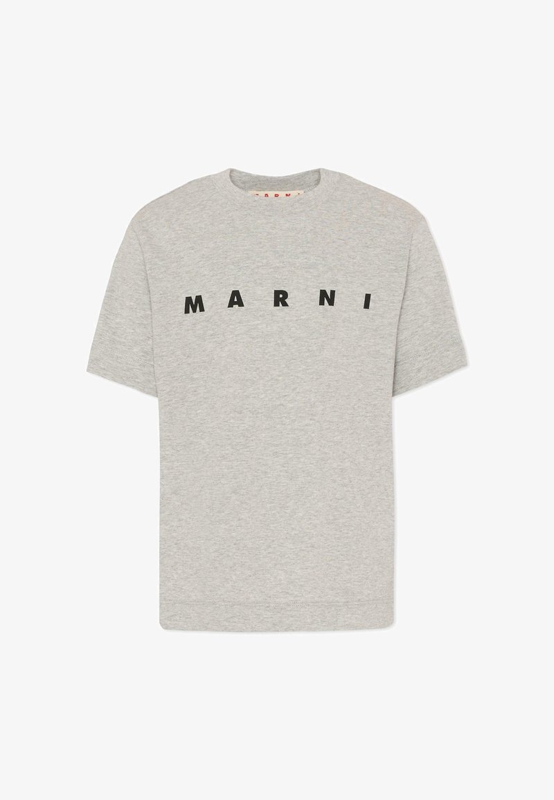 T-shirt en coton gris avec un col rond et des manches courtes. Présente un lettrage noir audacieux formant le mot "MARNI" sur la poitrine.