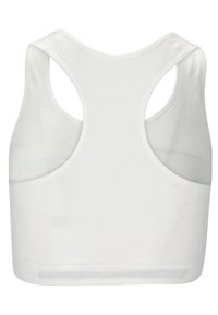 Hvid sportsbh med en glat, struktureret overflade, racerback-design og elastisk bundkant for støtte. Minimalistisk og sømløs konstruktion.