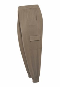 Cargo-byxor i taupe-färg, tillverkade av mjukt tyg, med elastisk midja, sidofickor och en cargoficka med lock.