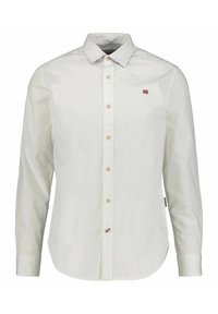 Camicia bianca a maniche lunghe con colletto, chiusura a bottoni e orlo arrotondato. Presenta bottoni a contrasto e un piccolo logo sulla parte superiore sinistra.