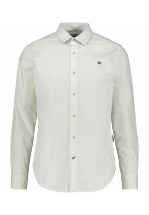 Camicia bianca a maniche lunghe con colletto, chiusura a bottoni e orlo arrotondato. Presenta bottoni a contrasto e un piccolo logo sulla parte superiore sinistra.