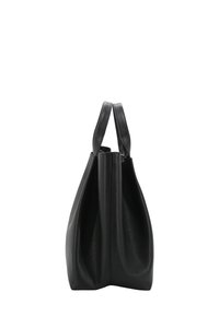 Sac fourre-tout en cuir noir avec une texture lisse, une forme effilée et deux poignées solides. Pas de matériel ou d'accents visibles, design minimaliste.