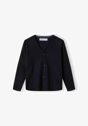 Marineblauwe cardigan van zacht materiaal, met een V-hals, lange mouwen en knoopsluiting aan de voorkant. Gladde textuur, geen patronen.