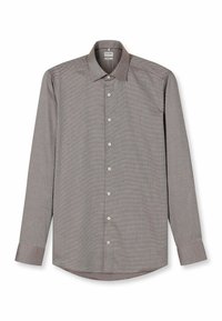 Langärmeliges Hemd mit Knopfleiste und Button-Down-Kragen, das ein kleines kariertes Muster in Rot- und Weißtönen aufweist und aus einem glatten Stoff gefertigt ist.