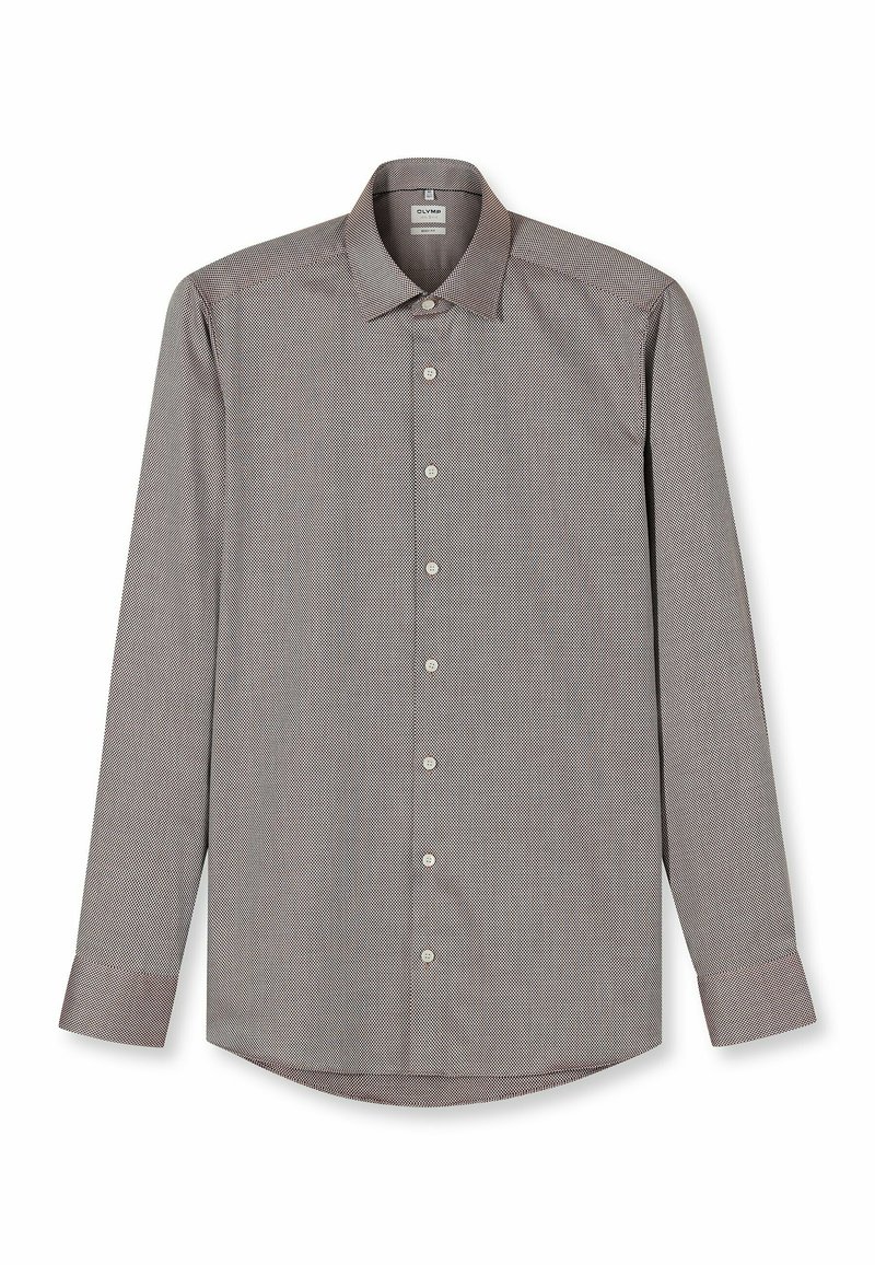 Langärmeliges Hemd mit Knopfleiste und Button-Down-Kragen, das ein kleines kariertes Muster in Rot- und Weißtönen aufweist und aus einem glatten Stoff gefertigt ist.