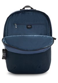 Navy blue backpack with a smooth, durable fabric, featuring a front zip pocket and a spacious main compartment with a soft interior lining.