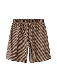 Stribede shorts med elastisk talje, der har skiftevis brune og beige lodrette striber. Letvægtsstof med en blød tekstur.