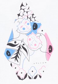 Diseño gráfico que presenta rostros abstractos coloridos, acentos en negro y rosa, motivos florales y formas geométricas en azul, sobre un fondo blanco.