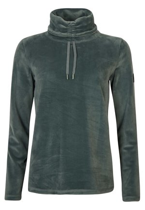 Jersey polar de manga larga de color verde oscuro con cuello alto fruncido y cordones ajustables, diseñado para proporcionar calor y un uso informal.