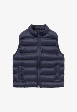 Gilet imbottito senza maniche color blu navy con cerniera frontale e due tasche laterali, progettato per offrire calore e un look casual.