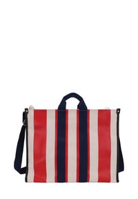 Borsa tote in canvas con strisce verticali rosse, bianche e blu navy, dotata di manici doppi e tracolla removibile. Chiusura con cerniera sulla parte superiore.